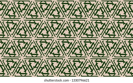 Design pattern with abstract modern ornament. Triangles style. Vector illustration. Green, brown color. Seamless.
