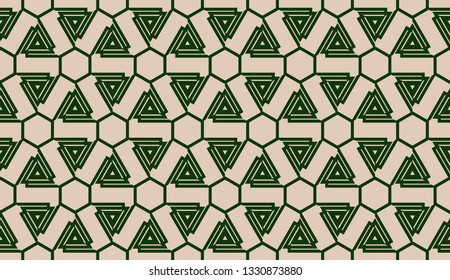 Design pattern with abstract modern ornament. Triangles style. Vector illustration. Green, brown color. Seamless.
