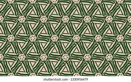 Design pattern with abstract modern ornament. Triangles style. Vector illustration. Green, brown color. Seamless.