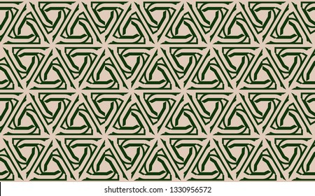 Design pattern with abstract modern ornament. Triangles style. Vector illustration. Green, brown color. Seamless.