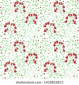 Design pattern of a branch with red hearts and green leaves in the shape of hearts, intertwined on a white background. Seamless, textured, artistic. Bright vector illustration.