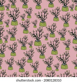 Design pattern of flowers in pots on a light shade of pink-red background. 