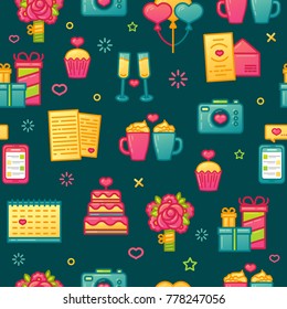 Design pattern on dark background with romantic element. Seamless wallpaper with color cute icon for valentine's day.  Vector.