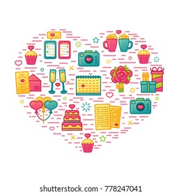 Design pattern on white background with romantic element. Seamless wallpaper with color cute icon for valentine's day.  Graphic with heart, cake and romantic gift. Vector.