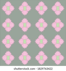 Design pattern of pink color lotuses arranged  in square style on bottle green background.