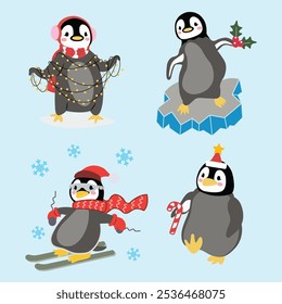 The design pattern playful poses of a penguin in a greeting season decorated with Christmas elements perfect for fabric and a variety of products