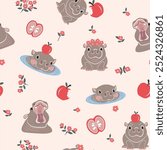 The design pattern playful poses of a pygmy hippopotamus name Moodeng from Thailand decorated with flowers and apples,  it a repeatable pattern perfect for fabric and a variety of products