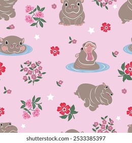 The design pattern playful poses of a pygmy hippopotamus name Moodeng from Thailand decorated with flowers, it a repeatable pattern perfect for fabric and variety of products