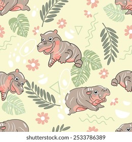 O padrão de design poses divertidas de um hipopótamo pigmeu nome Moodeng da Tailândia decorado com flores e deixar, é um padrão repetível perfeito para tecido e uma variedade de produtos