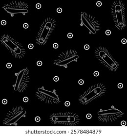 Design in a pattern of skateboards, skulls, lightning bolts and graffiti symbols, urban art to be used in street environments to give the symbol of rebellion and new generations.