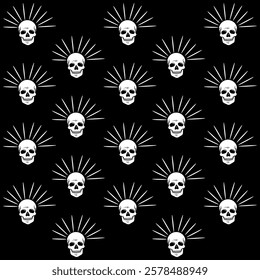 Design in pattern with skulls and vibrant gold with black background and urban street design in graffiti type. Urban skate life