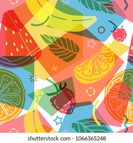 Design pattern for summer season. Abstract background with silhouettes fruit, lemon, strawberry and mint, geometric particle. Nature modern texture backdrop. Vector 