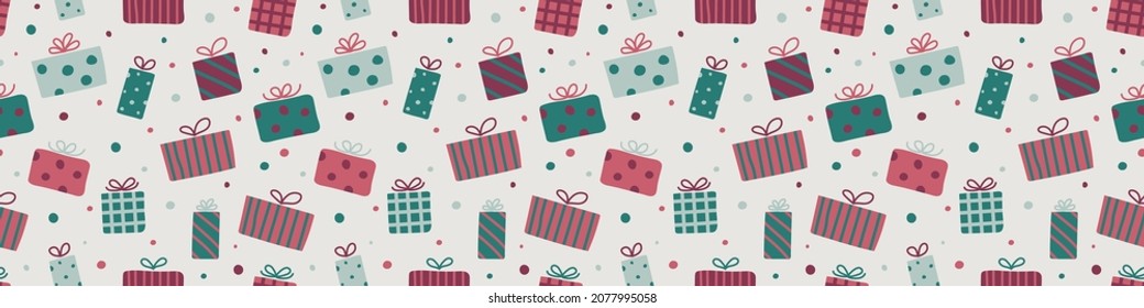 Design of pattern with Xmas present boxes. Christmas concept. Banner. Vector