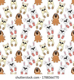 Design patterns with cartoon ornaments of dogs, cats and rabbits