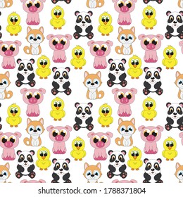 Patrones de diseño con adorables adornos de animales de dibujos animados, pandas, cerdos, gatos y patos