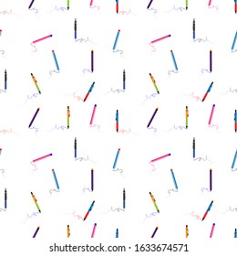 design patterns with illustrations of fountain pens and colorful ink streaks