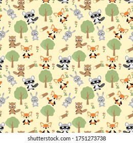 Design patterns with ornaments of various cute animals with trees