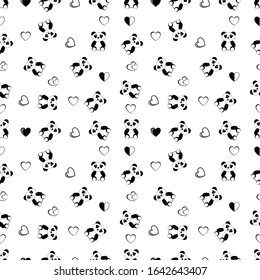 design patterns with panda doll ornaments and black and white heart shapes