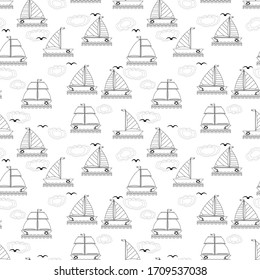 design patterns with a variety of boat shapes and clouds in black and white