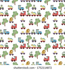 design patterns with various dinosaur ornaments on the train