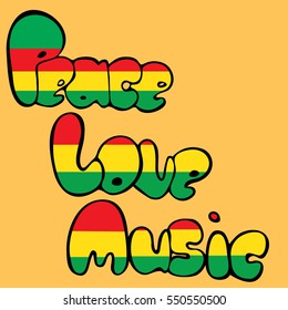 Design of Peace, Love and Music in bubble style in green, yellow and red colors. Vector illustration.