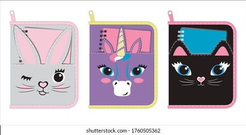 Design of  pencil case for girls with pocket for notebook. Design face of cat, bunny and unicorn.