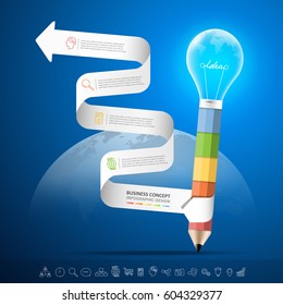 Design pencil with lightbulb Infographics tamplate. Business concept infographic 5 options, Can be used for workflow layout, diagram, number options, timeline project.