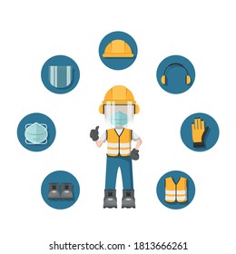 Design Of Person With His Personal Protective Equipment And Face Mask And Industrial Safety Icons