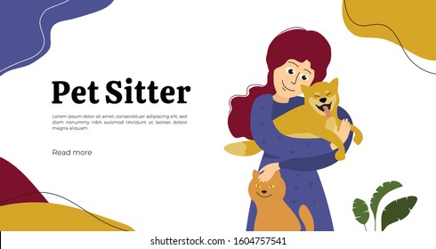 Design for pet sitter or care service, vet clinic, medicine, veterinary hospital. Vector illustration of cute girl hugging dog and stroking cat. Template for banner, leaflet, brochure, flyer, layout.