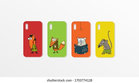 Design for phone cases with funny animals. Stylish hand drawn animal set for print. Fox, cat, rat. Sketch cheerful animal