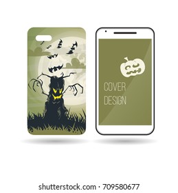 the design of the phone cover of the halloween terrible tree on the background of the full moon and around the flying bats