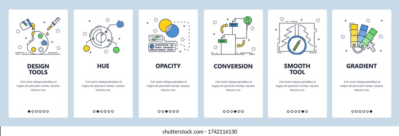 Design and photo editor tools. Color palette, hue control, opacity, color gradient. Mobile app screens. Vector banner template for website and mobile development. Web site design illustration.