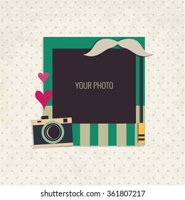 Design photo frame on nice background. Decorative template for baby, family or memories. Scrapbook concept, vector illustration. Birthday