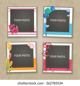 Design photo frame on nice background. Decorative template for baby, family or memories. Scrapbook concept, vector illustration. 