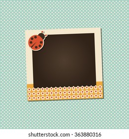Design photo frame on nice background. Decorative template for baby, family or memories. Scrapbook concept, vector illustration. Birthday