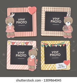 Design Photo Frames On Nice Background. Decorative Template For Baby, Family Or Memories. Scrapbook Concept, Vector Illustration. Birthday