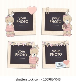 Diseñar marcos fotográficos sobre fondo agradable. Plantilla decorativa para el bebé, la familia o los recuerdos. Concepto Scrapbook, ilustración vectorial.Cumpleaños