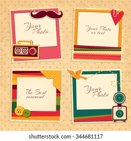 Design photo frames on nice background. Decorative template for baby, family or memories. Scrapbook concept, vector illustration. Birthday