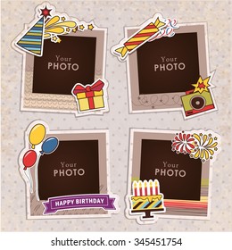 Design photo frames on nice background. Decorative template for baby, family or memories. Scrapbook concept, vector illustration. Birthday