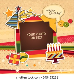 Design photo frames on nice background. Decorative template for baby, family or memories. Scrapbook concept, vector illustration. Birthday