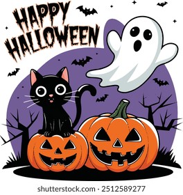 Design a picture about Happy Halloween vector silhouette white background