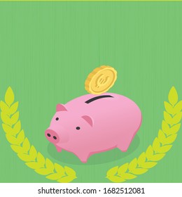 The design is of Piggy Bank, which has a green color background that has blur effect, and the earrings of Piggy Bank are placed below and there is a gold coin above Piggy. 