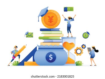 Design of piles of books tucked away in sacks and coins with a toga on top. education and learning tuition. Illustration for landing page website banner mobile apps web social media brochure ads etc