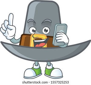 Design pilgrim hat with character with holding phone mascot
