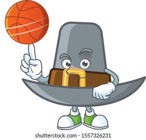 Design pilgrim hat with character holding basketball mascot