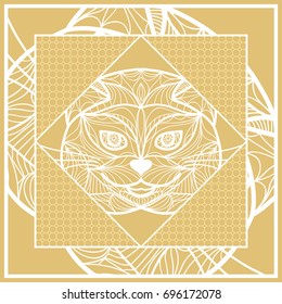 Design Pillow with Cat Face. Geometric Pattern with hand-drawing lace ornament. Vector illustration. Also For print fabric, textile, bandana, scarg, carpet print. Gold color