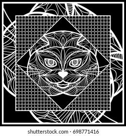 Design Pillow with Cat Face. Geometric Pattern with hand-drawing lace ornament. Vector illustration. Also For print fabric, textile, bandana, scarg, carpet print. Black and white color