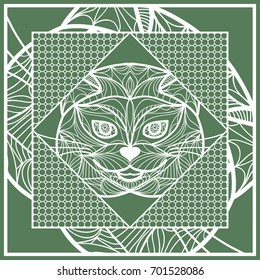 Design Pillow with Cat Face. Geometric Pattern with hand-drawing lace ornament. Vector illustration. Also For print fabric, textile, bandana, scarg, carpet print. Green color