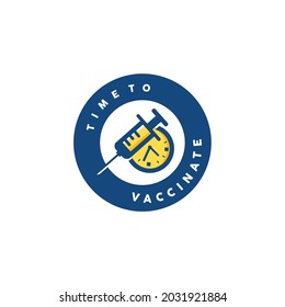 design of a pin and badge for vaccination time. vector combination of vaccine syringe and clock. perfect for covid-19 vaccine reminder time sign.