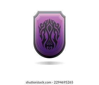 the design of a pin in the form of a purple shield and a black border consists of a combination of two shapes, namely a square and round shape on the lower side, there is also a black tattoo symbol in